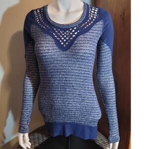 Blue crochet neckline sweater semi sheer rib knit indie y2k textured top small